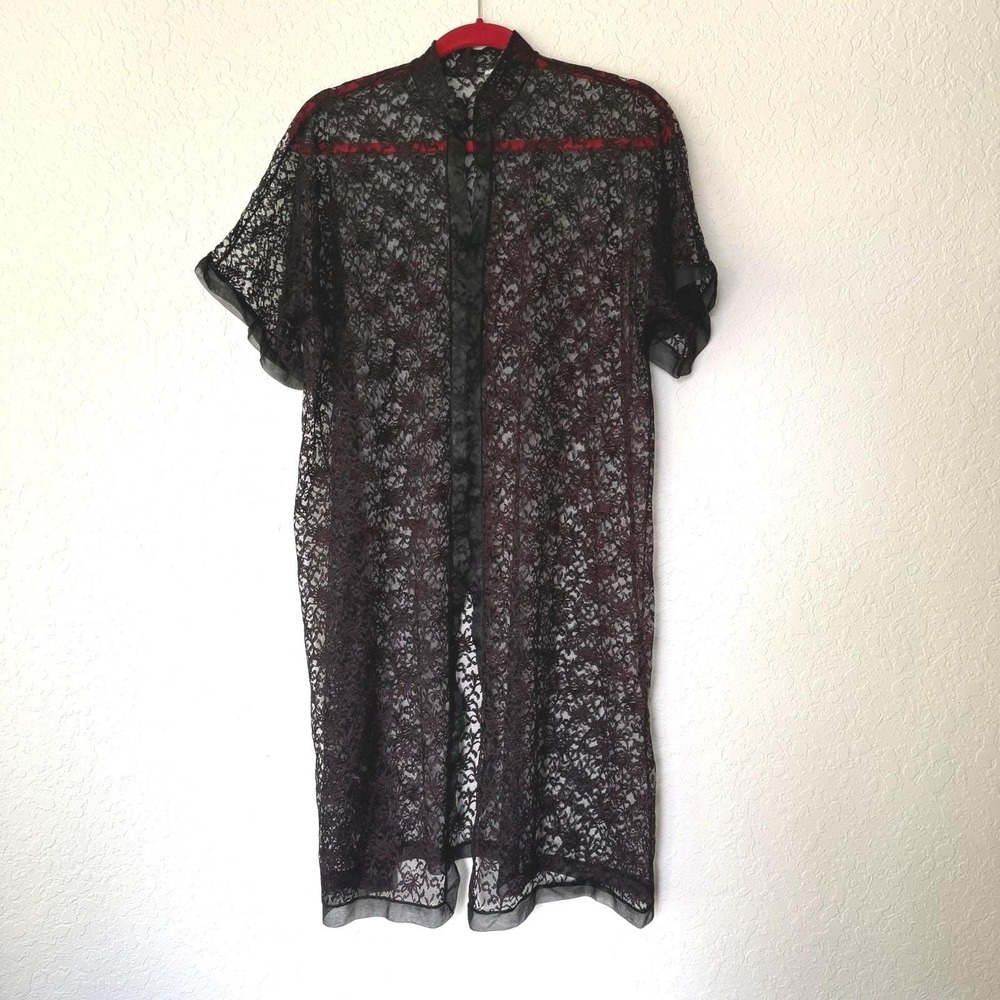 Vtg Blanche Lace Robe Peignoir Black Sheer Unconventional Lace Jacket Monochrome